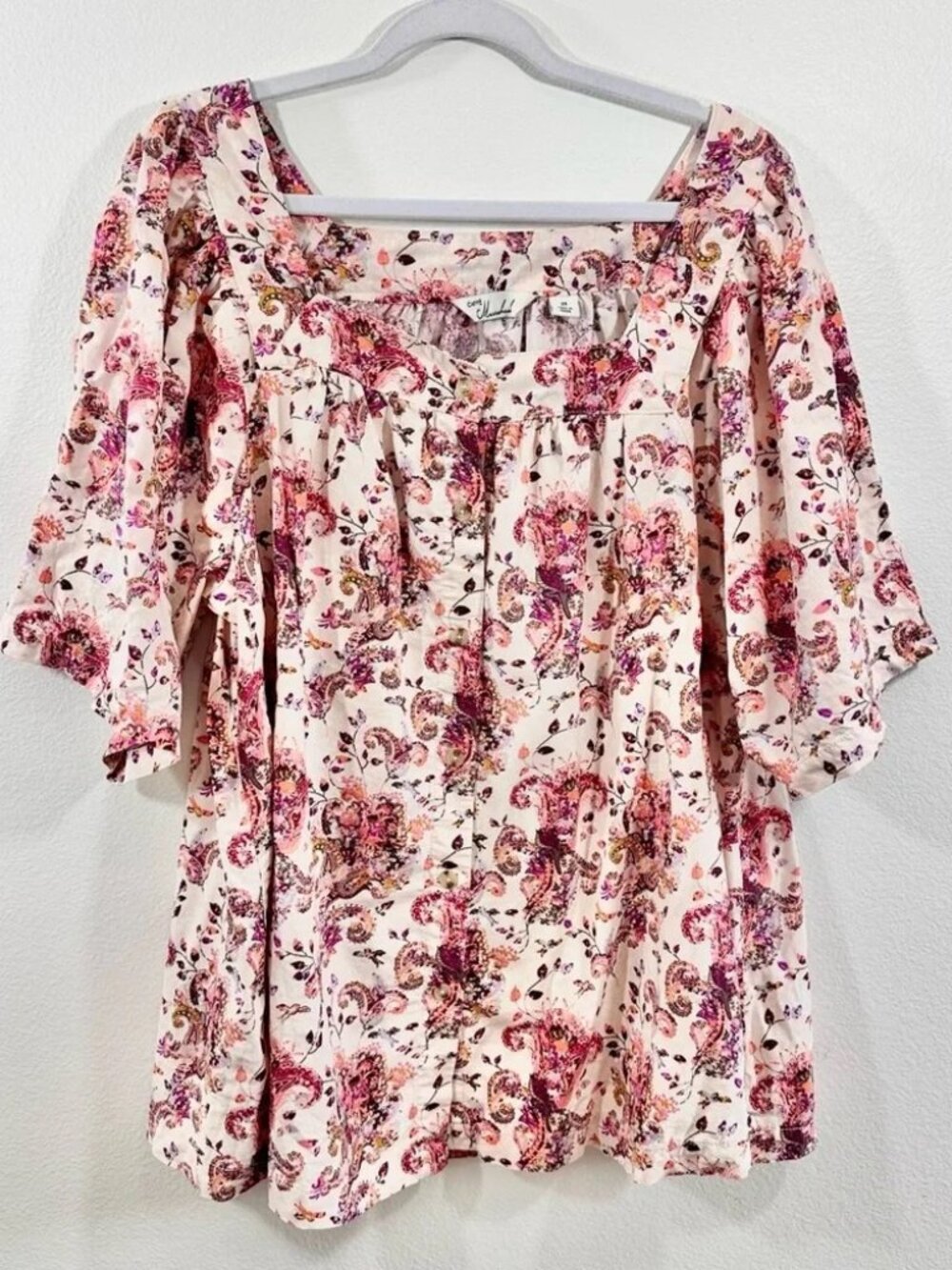 Linen Blend Boho Top Floral Paisley Short Sleeve Blouse 2X Plus Size